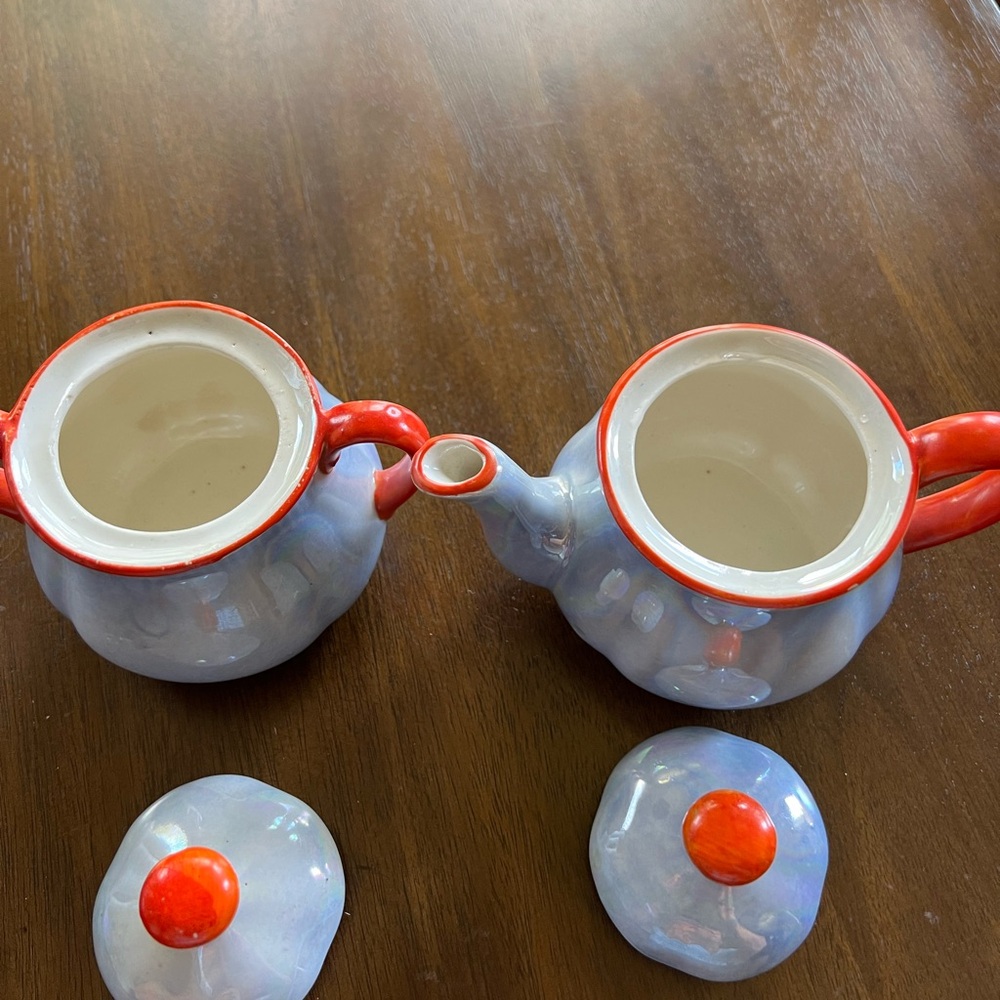 Blue Czech Lusterware teapot and sugar bowl - Picture 2 of 7